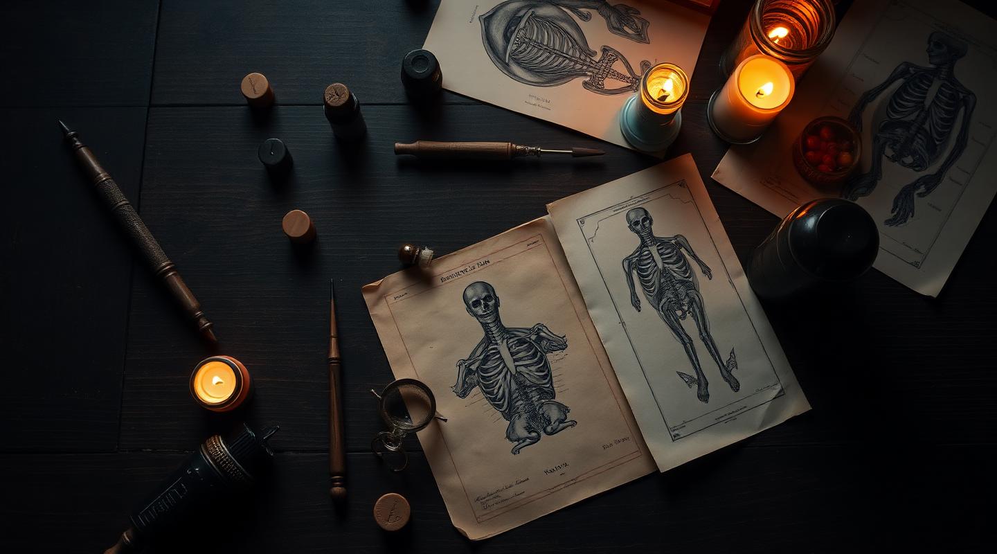 Antique drawing tools, ink vials, and anatomical engravings on dark oak